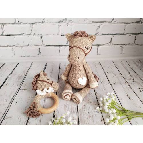 Cute set crochet toy horse + baby rattle.Gift for little girls and boys.Amigurumi toy for the little ones.Personalised rattle.Animal toys.