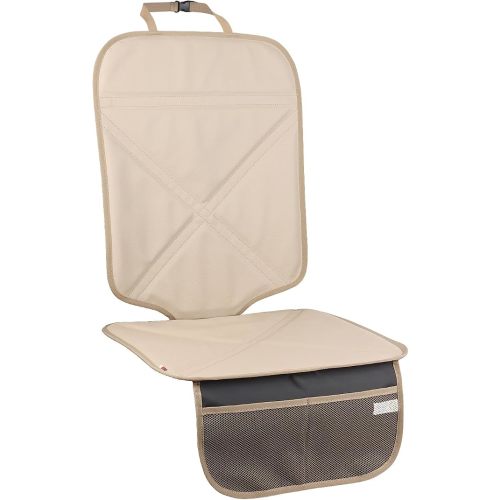 Car Seat Protector Leather Waterproof Child Safety Seat Protector Cover with Thick Pad and 2 Large Pockets Durable Kick Mat for All Auto Seat (Beige)