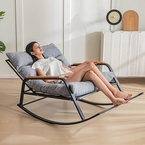 MAXYOYO Rocking Chair with Adjustable Backrest, Extra-Wide Teddy Upholstered Gliding Chair Boucle Reclining Chair, Modern Accent Chair for Living Room Nursery Bedroom Outdoor, Grey
