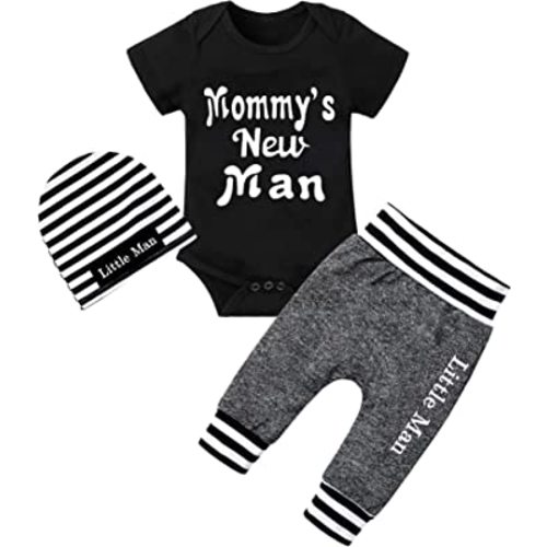 Fommy Newborn Baby Boy Clothes New to The Crew Letter Print Romper+ Pants+Hat 3PCS Outfit