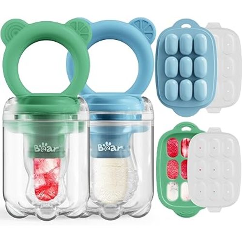 Bear Baby Fruit Food Feeder & Mini Freezer Nibble Tray Combo, 2 Pack Breastmilk Popsicle Molds for Baby Teething Relief, BPA Free Silicone Feeder for Safe Infant Self Feeding, Dishwasher Safe, Green