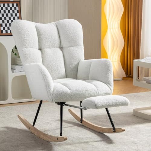 FOXHUNTER Nursery Rocking Chair, Teddy Upholstered Glider Rocker with Adjustable Footrest, Rocker Recliner Chair with High Backrest, Glider Recliner, Reading Chair for Bed Room (Ivory)