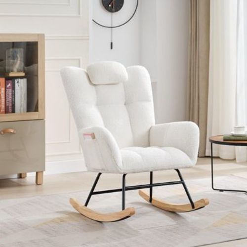 Rocking Chair Upholstered Padded Seat,Reading Chair with High Backrest,Tufted-Button Wingback Armchair for Bedroom, Dressing Room, Home Office