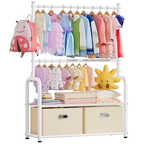Kids Clothes Rack with 2 Tier Storage Racks and 2 Adjustable Hanging Poles, Small Baby Closet Organizer for Hanging Clothes, Kids Dress-Up Rack (Upgrad, White)