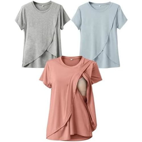 Rnxrbb Summer Nursing Tops for Breastfeeding T Shirts Short Sleeve Postpartum Clothes Sets 3 Pack Double Layer