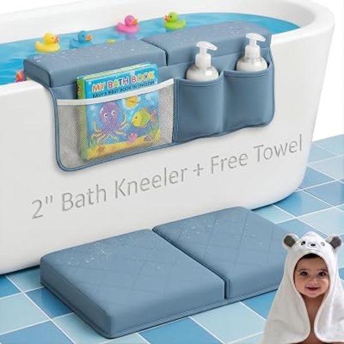 2inch XL Baby Bath Kneeler and Elbow Rest Pad Set + Hooded Towel - Embroidered Kneeling Pad for Bathing Baby - Dual-Layer Memory Foam Bathtub Kneeler and Elbow Rest Set