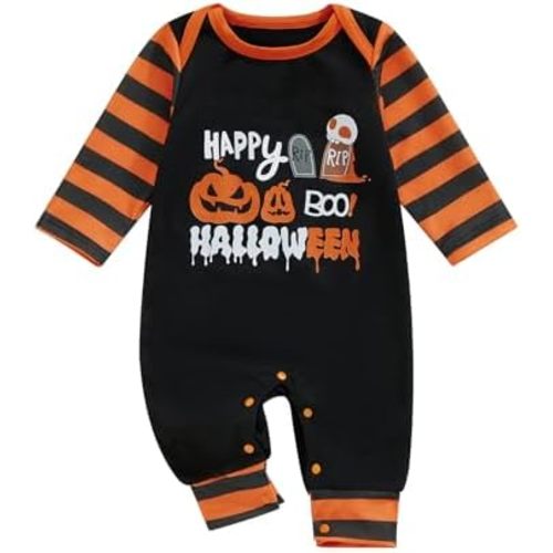 Newborn Baby Boy Halloween Outfit Clothes Pumpkin Print One Piece Romper Stripe Long Sleeve Jumpsuit