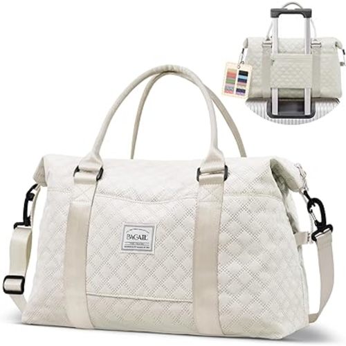 BAGAIL Travel Duffel Bag, Weekender Bags for Women, Overnight Gym Carry On Tote Bag with Wet Pocket, Hospital Mom Bag for Labor and Delivery - Grid-Ivory