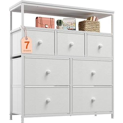 EnHomee White Dresser for Bedroom with 7 Drawers and 2 Shelves, White TV Stand Dresser with Wooden Top and Metal Frame, Tall Dressers & Chest of Drawers for Bedroom, Closets, White