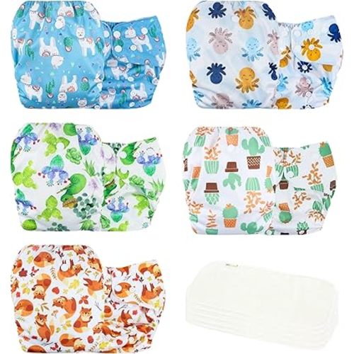 wegreeco Cloth Diapers 5 Pack with 5 Inserts, Washable Cloth Diapers for Babies, One Size Adjustable Reusable Diapers Baby (Fresh Animal)