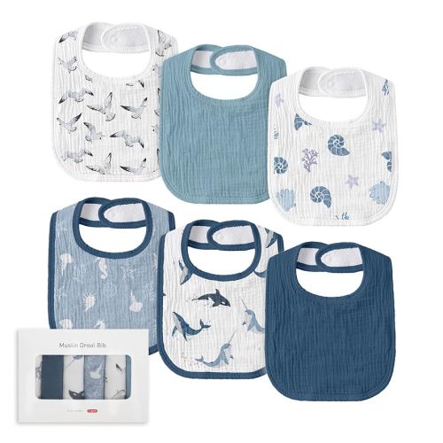 Muslin Baby Drool Bibs for Unisex Boys Girls, 6 Pack Soft Cotton Baby Bib for Teething Drooling, Essentials Shower Gift (6, Blue)