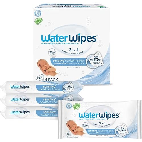 WaterWipes Sensitive+ Newborn & Baby Wipes, 3-In-1 Cleans, Cares, Protects, 99.9% Water, Unscented & Hypoallergenic, 240 Count (4 Packs)