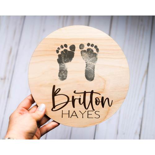 Footprint Ready Wooden Engraved Baby Name Announcement Sign