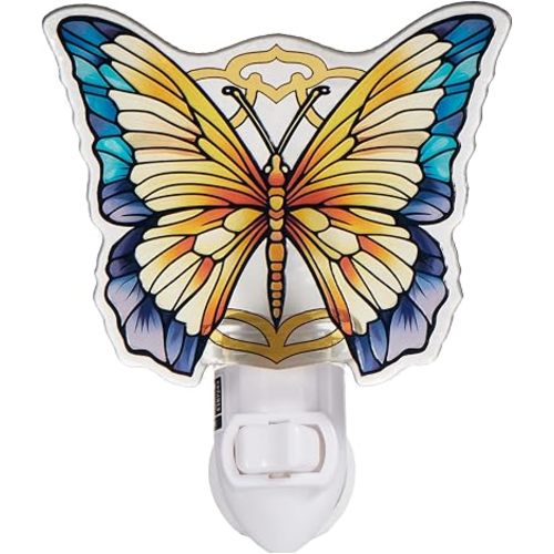 Yellow Butterfly Night Light – Stained Glass Styled Plug-in Wall Light for Vertical Outlets – Real Glass, Warm Glow for Bedroom, Bathroom, Hallway – Gift for Butterfly Lovers