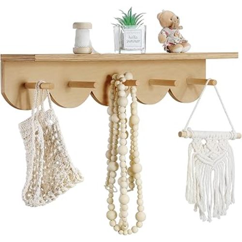 Pinkunn Nursery Floating Shelves with Hooks for Wall Bookshelves Wood Wall Mounted Organizer Hanging Scalloped Bookshelves Nursery Decor for Kids Room, Bedroom and Kitchen
