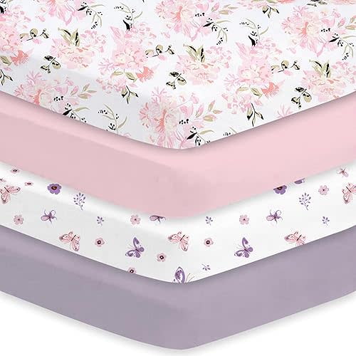 Little Grape Land Crib Sheets Girl 4 Pack, Baby Crib Sheets for Standard Crib & Toddler Mattress, Super Soft Breathable Crib Sheet Set for Girls, Floral & Butterfly