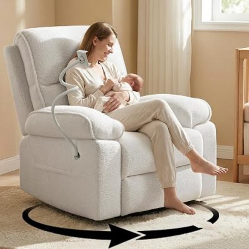 YuuYee Teddy Fleece 360° Swivel Rocker Recliner Nursery Rocking Chairs with Phone Holder Manual Gilder Recliner Chair with Wide Foot Rest for Living Room and Baby Room