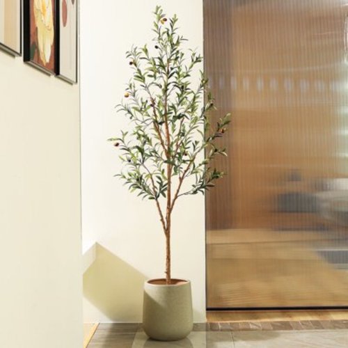 DR.Planzen 6 feet Artificial Olive Tree Indoor, Tall Faux Olive Tree in Black Plastic Pot, Artificial Plants with Natural Wood Trunk and Lifelike Fruits for Home Office Decor