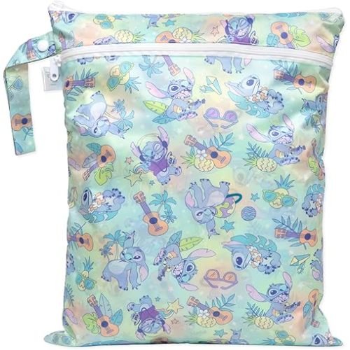 Bumkins Disney Waterproof Wet Dry Bag for Baby, Travel, Swimsuit, Cloth Diapers, Pump Parts, Pool, Beach, Gym Clothes, Toiletry, Hook to Stroller, Daycare, Zipper Reusable Wetdry Packing, Aloha Stitch