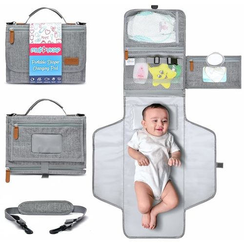 Portable Changing Pad with Shoulder Strap - Detachable Travel Changing Pad - Baby Shower Gifts - Fully Padded & Lightweight - Baby Boy Gifts - Diaper Changing Pad - Changing Mat 27"x22" - Grey