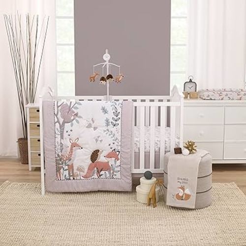 NoJo Little Love Woodland Meadow Taupe, Sage, and White Deer, Fox, and Hedgehog 3 Piece Nursery Crib Bedding Set - Comforter, Fitted Crib Sheet and Crib Skirt