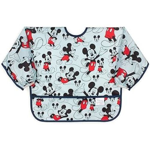 Bumkins Disney Bibs, Baby and Toddler Girls and Boys 6-24 Months, Long Sleeve, Essential Must Have for Eating, Feeding, Mess Saving Lightweight Waterproof Fabric Sleeved Smock, Mickey Mouse Classic