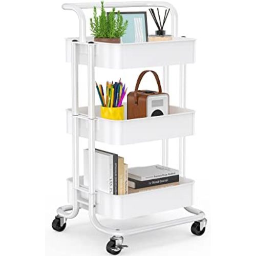 3 Tier Mesh Utility Cart, Rolling Metal Organization Cart with Handle and Lockable Wheels, Multifunctional Storage Shelves for Kitchen Living Room Office by Pipishell White