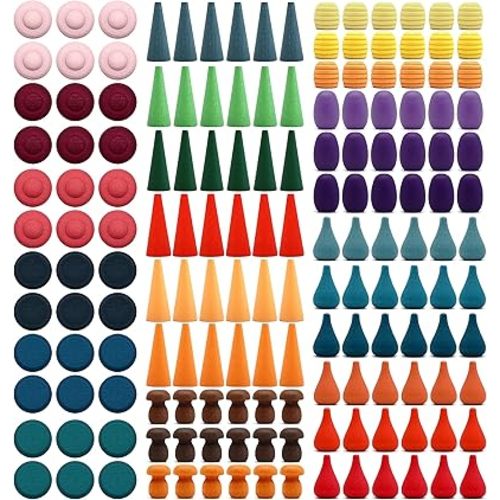 Candywood Large Set Rainbow Color Style Wooden Loose Parts Sensory Play Toys, 7 Shapes, 27 Colors, Rainbow Stacker Nesting Toys (162 PCS)