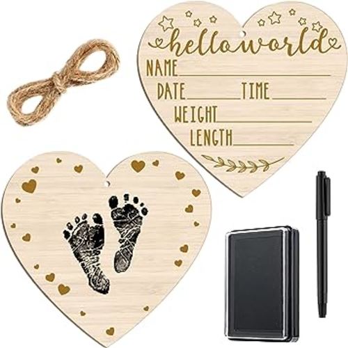 Thyle Baby Announcement Wooden Name Sign for Hospital Birth Double Sided Newborn Welcome Sign with Marker Pen and Ink Pad for Baby Shower Hand Footprints(Heart)