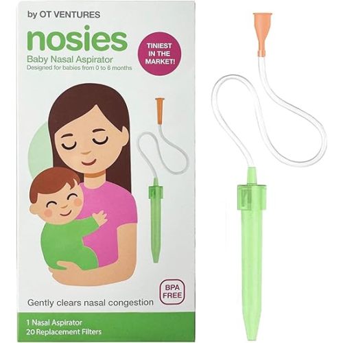 Nosies New Born Baby Nasal Aspirator (0-6 Months) with 20 Hygiene Filters | Tiniest Aspirator Ideal for New Born Baby Congestion Relief, Pediatrician Recommended, Gentle Suction