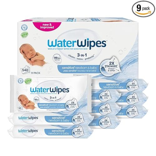 WaterWipes Sensitive+ Newborn & Baby Wipes, 3-In-1 Cleans, Cares, Protects, 99.9% Water, Unscented & Hypoallergenic, 540 Count (9 Packs)
