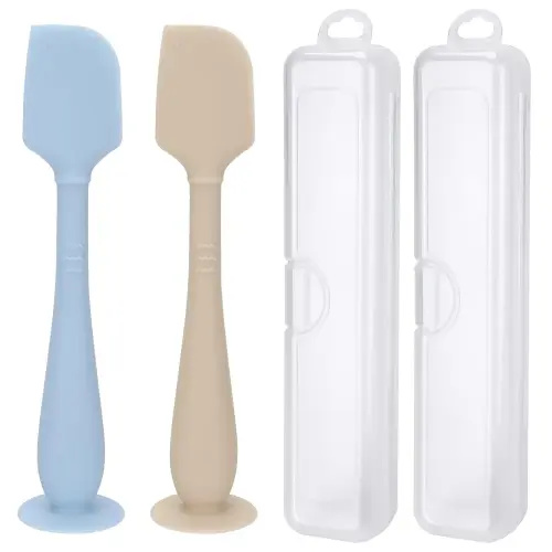 2 Pack Diaper Cream Spatula with Hygienic Travel Case, Butt Spatula Baby with Suction Base, Baby Butt Paste Spatula, Soft Silicone Diaper Rash Cream Applicator Large Size (Blue & Offwhite)
