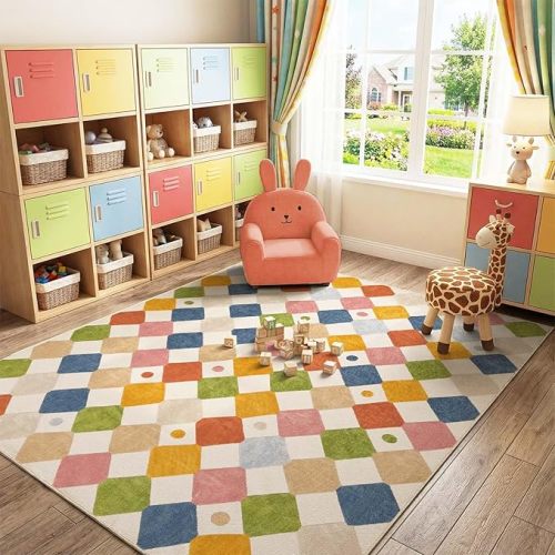 jinchan Macy 7x9 Kids Area Rug for Classroom Modern Colorful Nursery Rug Checkered Diamond Playroom Washable Soft Non Slip Carpet for Playroom Living Room Bedroom Daycare Circus on Cream