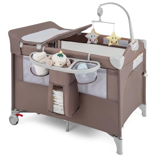 BABY JOY 5-in-1 Pack and Play, Portable Baby Bedside Sleeper with Bassinet, U-Shaped Diaper Changer, Safety Strap, Side Zipper Entrance, Bedside Crib Playard from Newborn to Toddlers (Coffee)