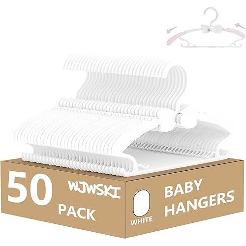 Baby Hangers 50 Pack, 11-14.5" Adjustable Kid Hangers for Newborn Closet, Plastic Non-Slip Small Infant Hanger for Toddler Pant, Child Coat Hanger for Boy Nursery Clothing, Girl Dresses, White