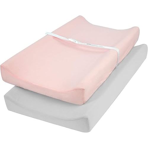 TILLYOU Changing Pad Cover Set in Soft Jersey Material Diaper Changing Table Sheets - Fits 32"/34''x16 Contoured Pad for Babies,Peachy Pink & Lt Gray