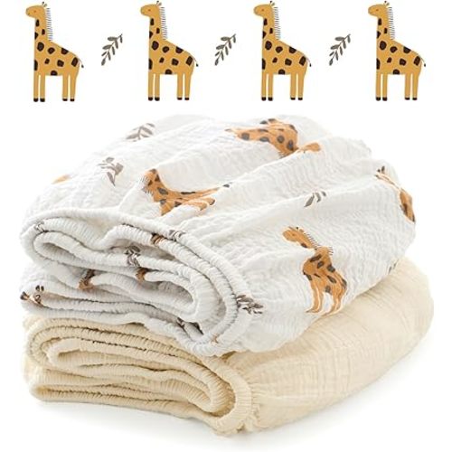 Momcozy Best Wishes Muslin Standard Fitted Crib Sheets, 52"x28", 2 Pack Soft Breathable Natural Cotton Baby Mattress Sheet, 360° Mattress Wrapping Boys Girls Neutral Toddler Bed Sheet, Bravery Giraffe