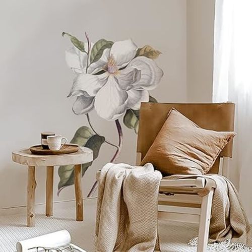 Fabric Peel and Stick Floral Sticker Decal, Self-Adhesive Peony Flowers Wallpaper, Rose Sticker for Living Room Bedroom Wall Decor, Single Large Vintage Magnolia