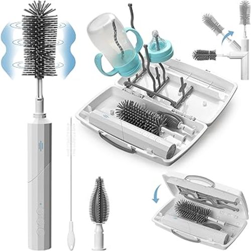 Electric Baby Bottle Brush Cleaner Set, 7 in 1 Travel Baby Bottle Cleaning Kit, Drying Rack, Baby Bottle Brush Box, Straw and Nipple Brush, Portable Silicone Brush Set, Brush Handle Rotated 90°Design