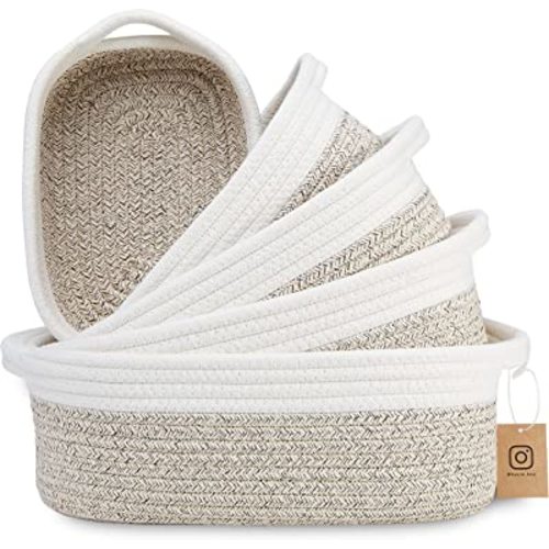 NaturalCozy 5-Piece Rectangle Storage Basket Set- Natural Cotton Rope Woven Baskets for Organizing! Small Basket for Montessori, Baby Nursery, Dog Toy Baskets, Cat Toy Box, Bathroom Organization Bin
