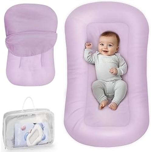 Baby Lounger - Baby Lounger for Newborn, 0-24 Months, Infant Lounger for Home and Travel, Soft Cotton, Baby Nest Lounger, Newborn Babies Essentials Gifts, Purple (Lounger Cover Included)