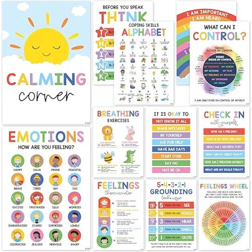 12 Calming Corner Classroom Posters (10x14) - Feelings Wheel Chart & Emotions Poster For Kids, Calm Down Corner Supplies For Therapy Office Decor, Mental Health Wall Decorations For Preschool