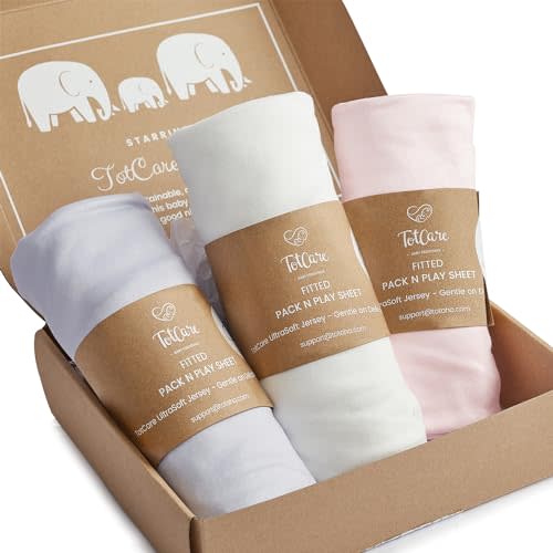 TotCare Graco Pack n Play Sheets Fitted Girl – Compatible with Graco Pack n Play Playard & Other 27 x 39 Inch Playpen Mattress, Buttery Soft Jersey Playard Sheets, Pink Lavendar Cloud, 3 Pack