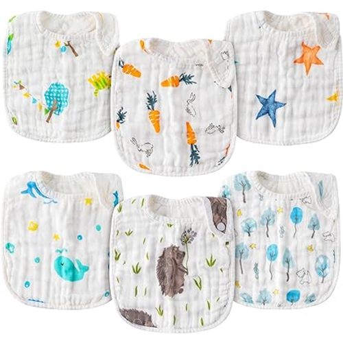 Zainpe 6Pcs Snap Muslin Cotton Baby Bibs Infants Feeding Bib Adjustable Burp Cloths Soft Drool Bibs for Toddlers Girl Boy