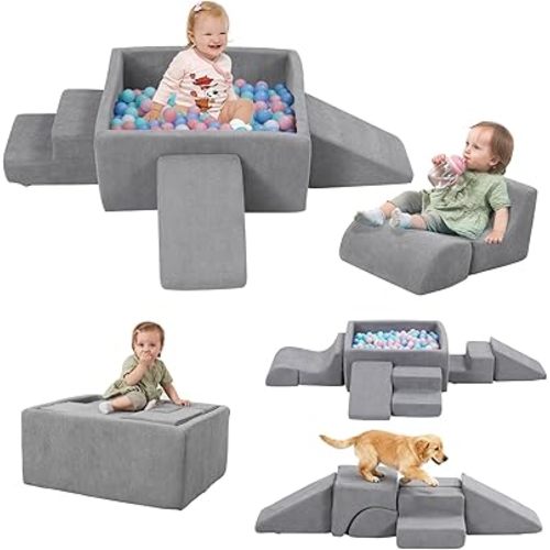 Baby Climbing Blocks with Ball Pit, 6-Piece Foam Climb & Crawl Play Set for Toddlers 1–3, Modular Soft Play Equipment with Washable Cover, Indoor Activity Toys, Gray (Balls Not Included)
