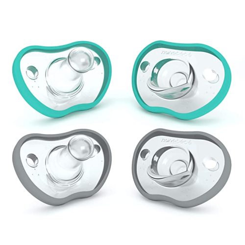 Nanobebe Baby Pacifiers 0-3 Month - Orthodontic, Curves Comfortably with Face Contour, Award Winning for Breastfeeding Babies, 100% Silicone - BPA Free. Baby Registry Gift 4pk,Teal/Grey - 4 Count (Pack of 1) - 0-3 Months Teal/Grey