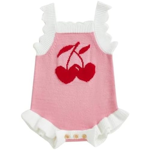 Baby Girl Knit Romper Summer Sleeveless Cherry Crochet Bodysuit One Piece Jumpsuit Infant Newborn Girls Overalls Outfit