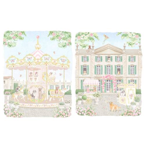 Set of Two Nursery Art prints Parisian Carousel  and Cafe with Preppy Dogs // Grand Millennial // Girls room // French Nursery
