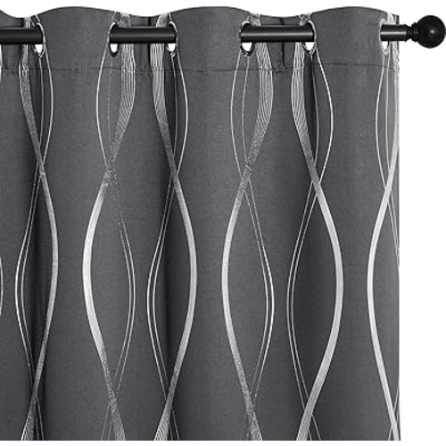NICETOWN Bedroom Small Blackout Curtain Panels, Window Treatment Thermal Insulated Solid Grommet Blackout Wave Line Foil Print Design Curtains for Kitchen, Cafe, Loft (Set of 2, 34 by 63 Inch,Grey)