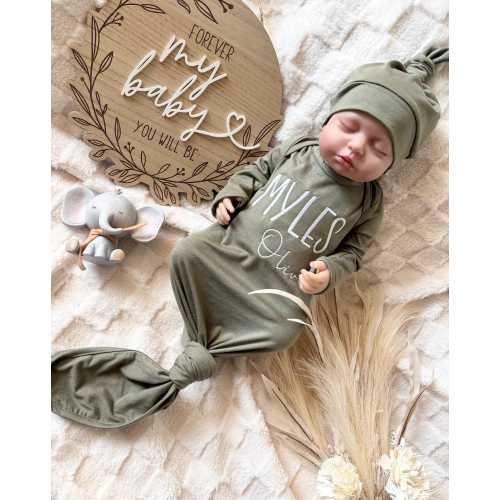 Made in USA | Personalized Embroidered Name Baby Gown | Custom Knotted Newborn Outfit | Baby Shower Gift Keepsake | Coming Home Outfit